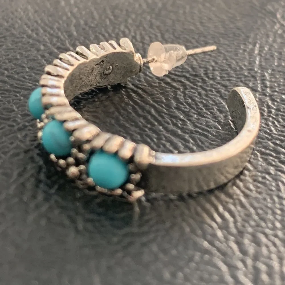 Men’s Sterling Silver Hoop Earrings with Faux Turquoise Cabochons
